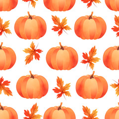 Seamless pattern of pumpkins and leaves