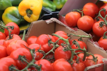 closeup of market exposure tomato boxes