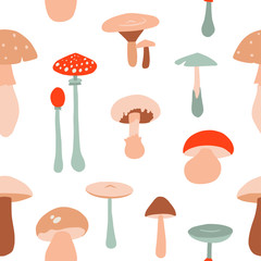 Seamless pattern with forest mushrooms