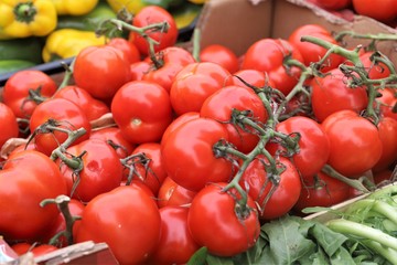 closeup of market exposure tomato boxes