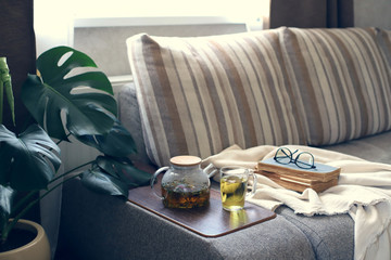 Interior living room, sofa, herbal tea, plaid, book,