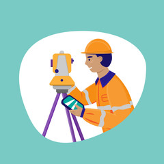 Surveyor working with theodolite outdoor. Engineer with surveyor equipment. Smiling worker cartoon flat character. Vector illustration isolated on white with blue background.