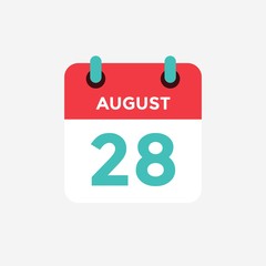 Flat icon calendar 28 of August . Date, day and month. Vector illustration.