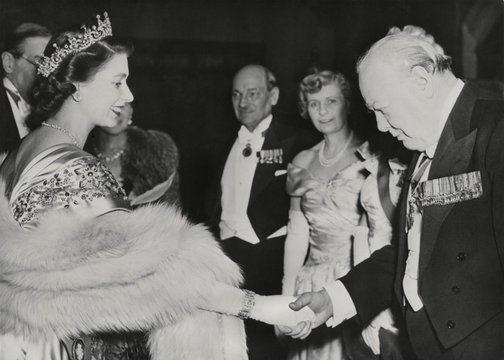 Princess Elizabeth welcomes Winston Churchill and Prime Minister Clement Atlee at Guildhall