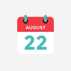 Flat icon calendar 22 of August . Date, day and month. Vector illustration.