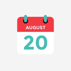 Flat icon calendar 20 of August . Date, day and month. Vector illustration.