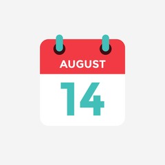 Flat icon calendar 14 of August . Date, day and month. Vector illustration