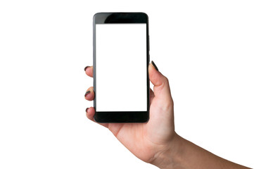 Woman with black nails hold a blank screen smartphone on white background