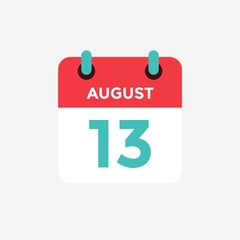 Flat icon calendar 13 of August . Date, day and month. Vector illustration.