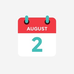 Flat icon calendar 2 of August . Date, day and month. Vector illustration.