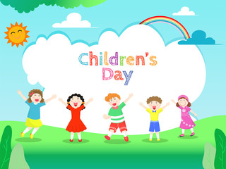 Group of little boy and girl enjoying on nature view with sunny rainbow background for Children's Day celebration greeting card design.