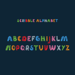 Hand drawn cartoon style vector alphabet with colorful scribble letters