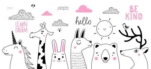 Vector doodle style hand drawn sketch collection with animals, clouds, sun and lettering words. Deer, llama, bear, rabbit, giraffe and magic unicorn. © julymilks