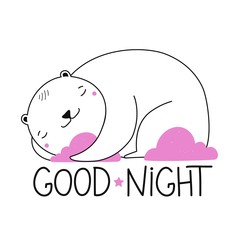 Vector illustration with white polar bear hugging pink cloud. Good night lettering wishing.