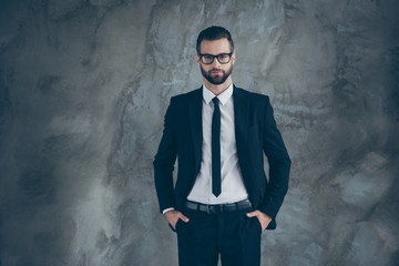 Portrait of handsome serious guy freelancer company owner look ready decide decisions choose choice wear trendy outfit isolated over grey color background