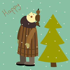 Winter  card  with a man, looking up at falling snow. Christmas and  New Year mood. Cute hand drawn  vector  print for poster, postcard ,t-short and ect.