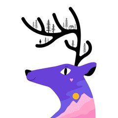 Vector illustration with deer head, mountain landscape, pine trees, tiny house and man silhouette.