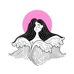 Vector illustration with young woman in doodle ocean waves.