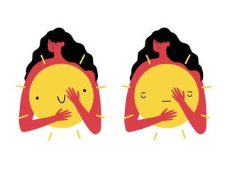 Vector illustration with woman hugging yellow sun with rays.
