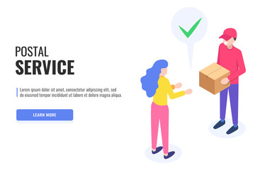 Postal service concept. Postman gives the box to the female client. Web banner, infographics. Isometric vector illustration.