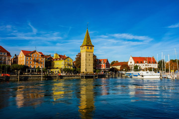 Fototapeta premium Colorful buildings and port in Lindau, lake Constance.