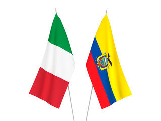 National fabric flags of Italy and Ecuador isolated on white background. 3d rendering illustration.
