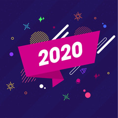 2020 text in pink ribbon with abstract elements decorated on purple strip background for Happy New Year celebration.