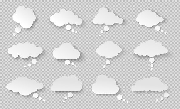 Thought bubble. Think cloud with shadow. White vector speech bubbles. Comic discussion speak balloon set. Cartoon think box. on transparent background