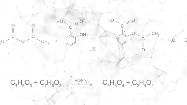Animation of typing aspirin chemical formula consisting of benzene rings, hexagon in abstract digital space. Seamless loopable background.