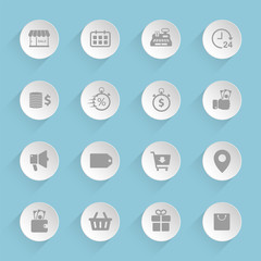 Black friday vector icons on round puffy paper circles with transparent shadows on blue background. Stock vector icons for web, mobile and user interface design