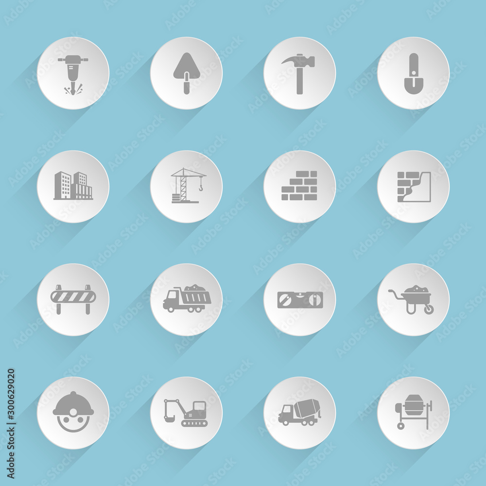 Poster construction vector icons on round puffy paper circles with transparent shadows on blue background. 