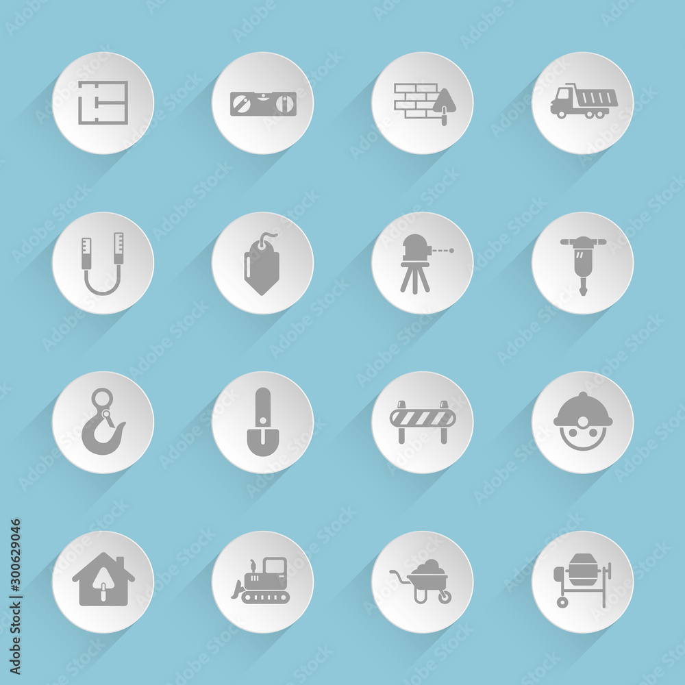 Poster construction vector icons on round puffy paper circles with transparent shadows on blue background. 