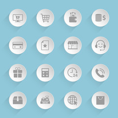 Fototapeta premium E commerce vector icons on round puffy paper circles with transparent shadows on blue background. Stock vector icons for web, mobile and user interface design