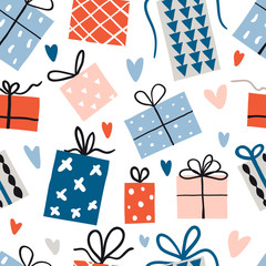 Obraz premium Seamless pattern with cute hand drawn gift boxes and hearts