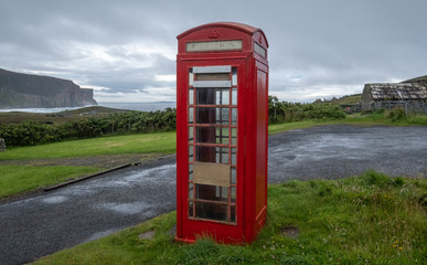 An old telephone booth in Rackwick Bay, a crofting township on the island of Hoy, Orkney, Scotland