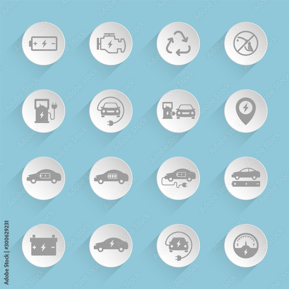 Poster electric car vector icons on round puffy paper circles with transparent shadows on blue background. 