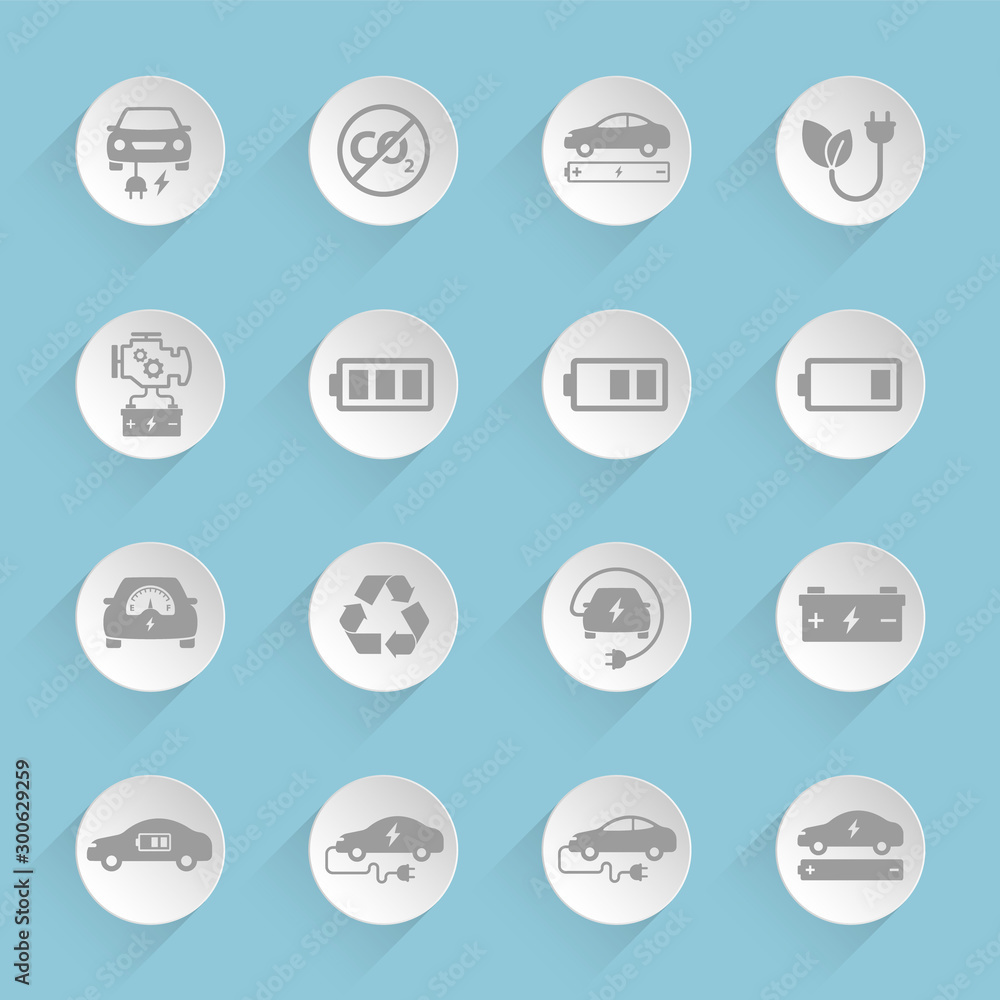 Poster electric car vector icons on round puffy paper circles with transparent shadows on blue background. 
