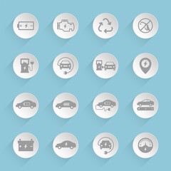 Electric car vector icons on round puffy paper circles with transparent shadows on blue background. Stock vector icons for web, mobile and user interface design