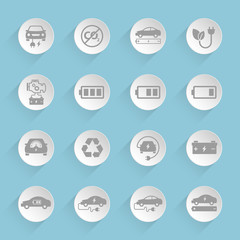 Electric car vector icons on round puffy paper circles with transparent shadows on blue background. Stock vector icons for web, mobile and user interface design