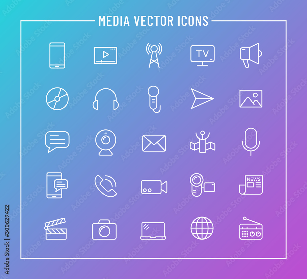 Poster media outline vector icons on color background. media business concept. media flat vector icons for 