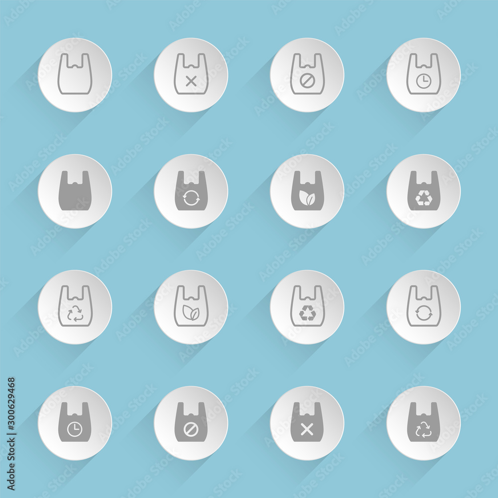 Poster say no to plastic bag vector icons on round puffy paper circles with transparent shadows on blue bac