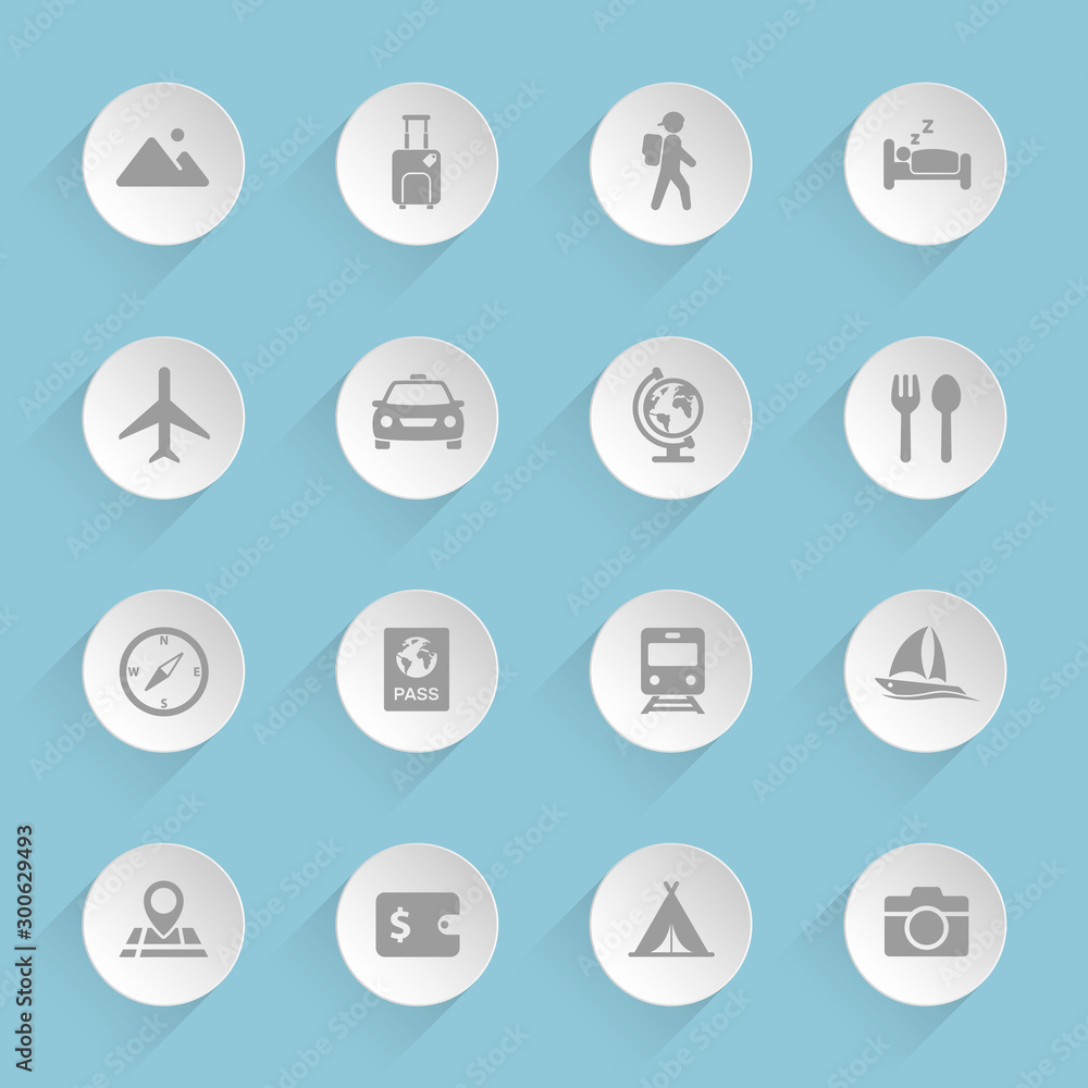 Poster travel vector icons on round puffy paper circles with transparent shadows on blue background. touris