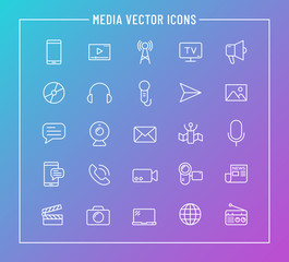 Media outline vector icons on color background. Media business concept. Media flat vector icons for web and ui design