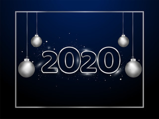 2020 text with hanging silver baubles decorated on blue background can be used as greeting card design.