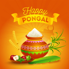 Illustration of mud pot full of grains with fruits, banana leaf, wheat ear and sugarcane on orange background for Happy Pongal celebration.