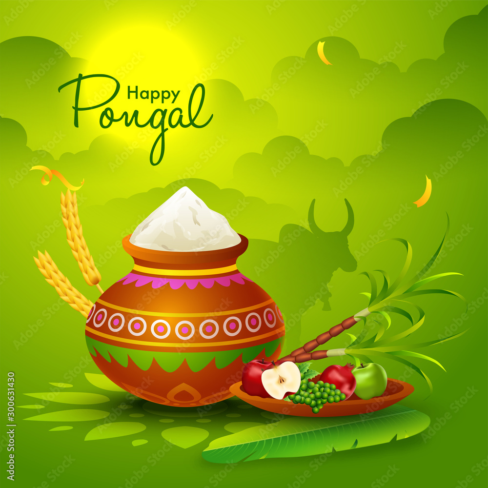 Sticker Happy Pongal greeting card design with mud pot, sugarcane and fruits on green sunshine cloudy background.