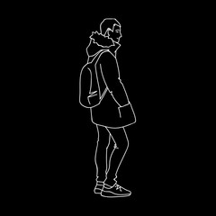 Man in warm jacket, jeans and sneakers. Side view. Monochrome vector illustration of young man with backpack standing and smiling in simple line art style. Hand drawn white lines on black background.