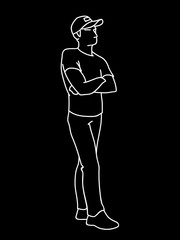 Man standing, arms crossed at chest. White lines isolated on black background. Consept. Vector illustration of man in baseball cap in simple line art style. Monochromatic hand drawn sketch
