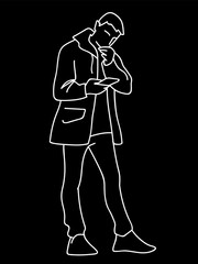Man in windbreaker standing, attentively looking at mobile phone. Vector illustration of young man checking social networks or watching video. Concept. White lines on black background
