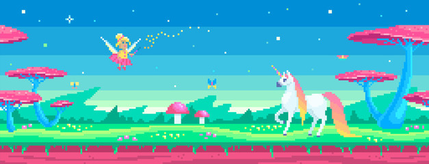 Pixel art scene with a magical unicorn and fairy. © PixelChoice